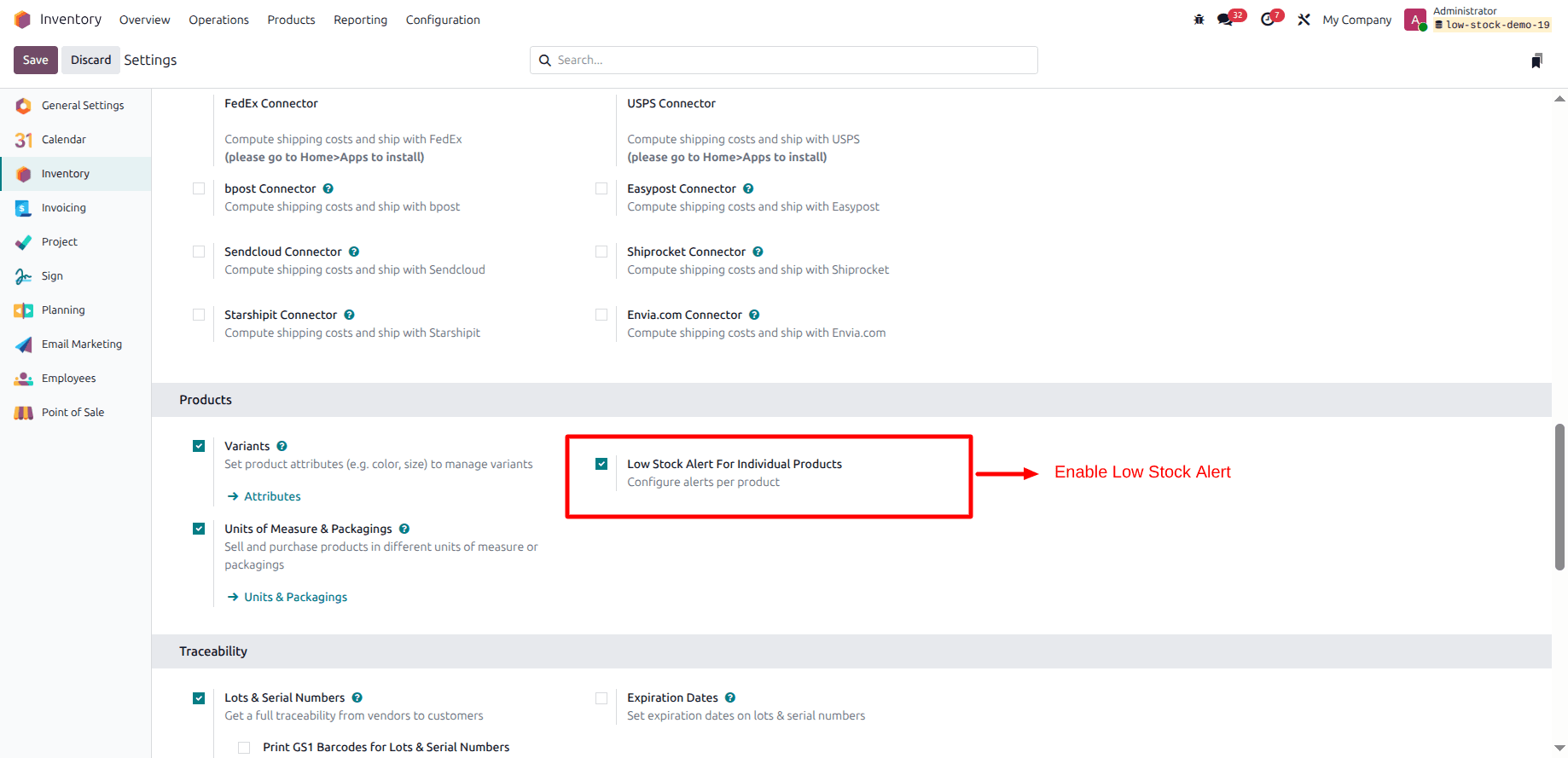Product variant — stock alert rules by location